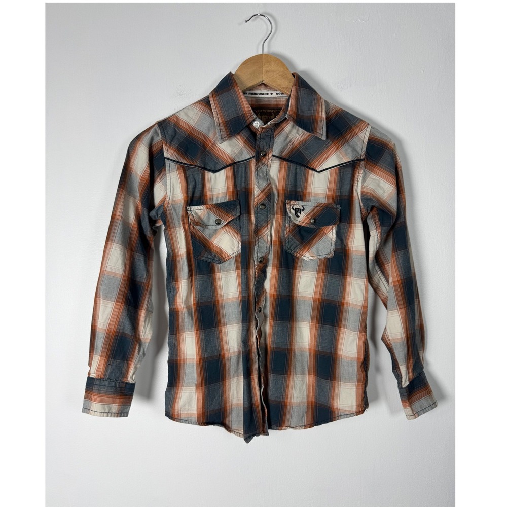 Western Cowboy Hardware Kids Med Shirt Orange Blue Plaid Bull Skull Snap Front